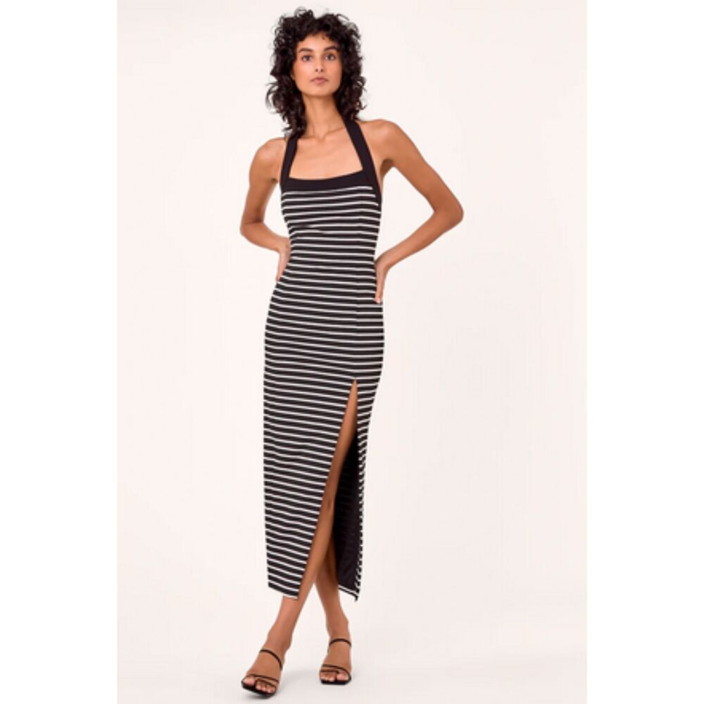 Black White Striped Nicholas Halter Neck Front Slit Pencil Midi Dress (NWT)